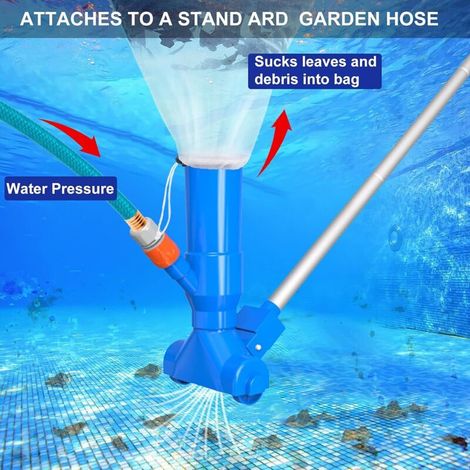 Robot piscine Kit d’entretien de piscine avec aspirateur et écumoire de piscine, 5 poignées de manche, sac à feuilles - kit d’entretien portable pour piscine hors sol, bassin, nettoyage de fontaines - (1/4)