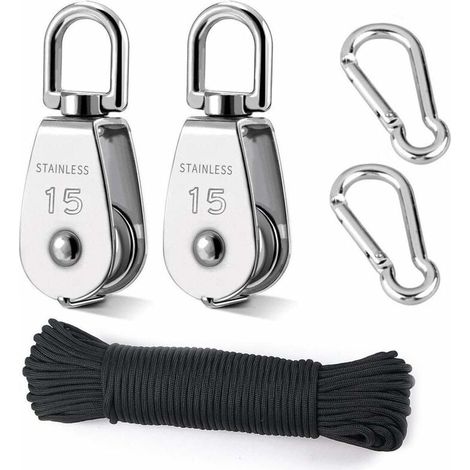 Polea de elevación, 2 piezas de 15 mm, polea de acero inoxidable 304, 2 piezas de polea simple M15, para cuerdas y cables, con cuerda de escalada de 8 mm y 20 m (1/5)