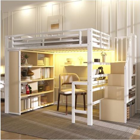 Lit Mezzanine Avec Bureau 140x200 cm Escalier de Rangement LED - Lit Mezzanine - Métal Blanc Robuste Multi-Étagères Gain de Place (1/5)
