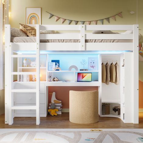 Hochbett 90x200 mit Schreibtisch, Schrank und LED Weiß OKMYHOME (1/5)