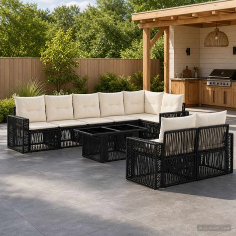 vidaXL Set Divano da Giardino 9 pz Nero e Bianco Crema polyrattan (1/5)