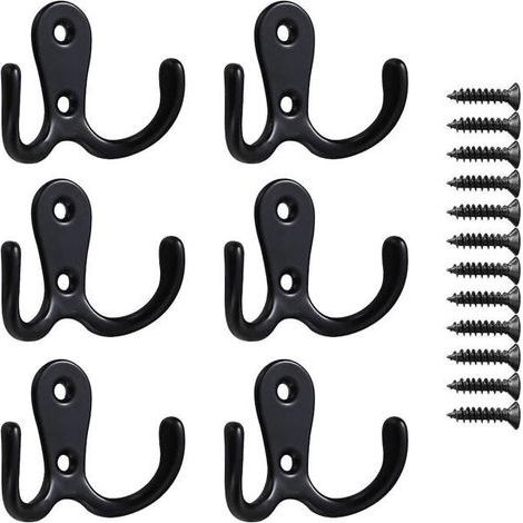 Set of 6 chrome double-hook wall hooks with screws, for hanging clothes, robes, and towels.