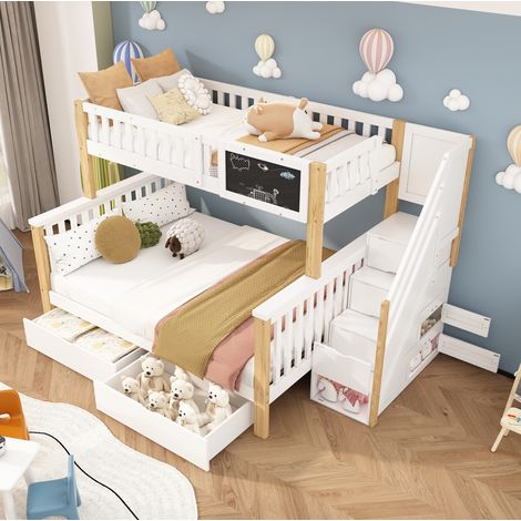 DESVIAE Lit superposé enfant avec tableau rangements escalier et 2 tiroirs en bois de pin blanc et chêne clair couchage 90 x 200 et 140 x 200 (1/5)