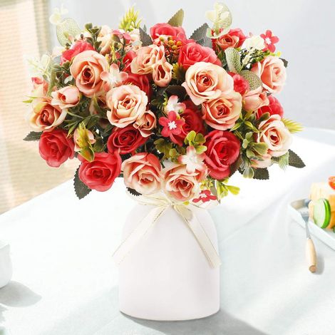 Rose Artificielle en Soie avec Vase, Fleurs artificielles de Mariage, Arrangement de Maison, Bureau, fête, Centre de Table, décoration de Table (Rouge) (1/5)