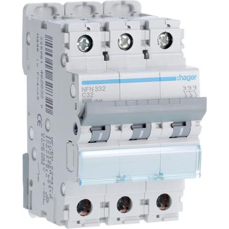 Disjoncteur 3P 6-10kA courbe C - 32A 3 modules HAGER NFN332 (1/4)