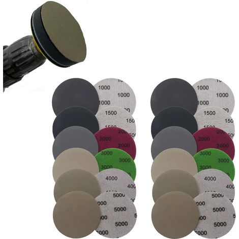Lot de 24 Disques de Ponçage, Rond Papier de Verre, 80mm Disques Abrasifs Auto-Agrippants, Disques Abrasif de Ponçage Humide et Sec 1000/1500/2000/3000/4000/5000, Papier Abrasif (1/5)