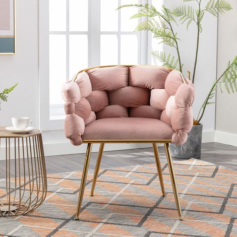 Sedia da soggiorno, con braccioli, schienale medio, struttura in metallo dorato, velluto rosa (1/5)