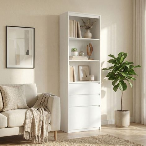 Meuble de Rangement, Buffet Haut avec Étagères Réglables et 3 Tiroirs, Moderne, pour Bureau ou Salon, Blanc (1/5)