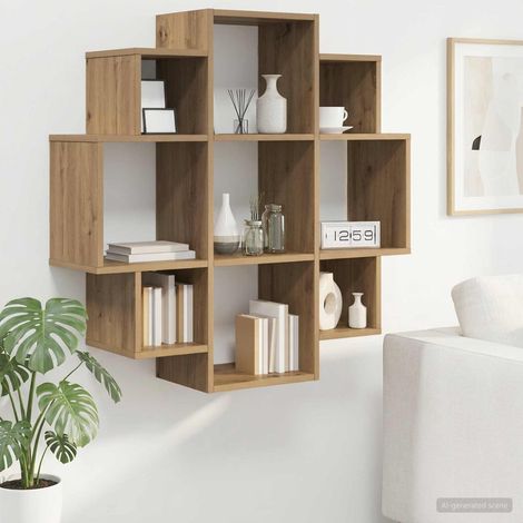 Étagère murale 9 compartiments en bois d’ingénierie chêne artisanal 90 x 25 x 90 cm - PANGIVO (1/5)