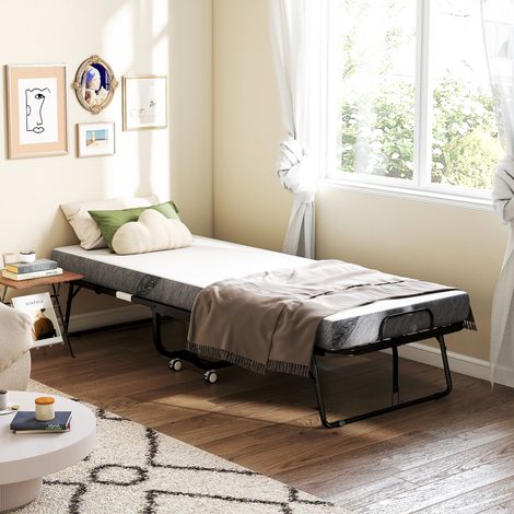Klappbares Einzelbett 200 x 80 cm mit Matratze, faltbares und tragbares Gästebett auf Rollen, Stahlrahmen, weiß