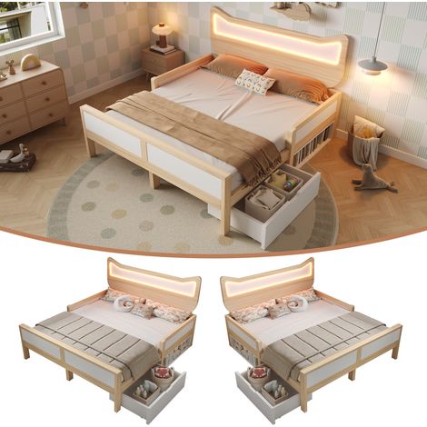 Lit coffre enfant 140x200cm avec tête lit oreilles de chat éclairage LED tiroir rangement montable gauche droite barrières sécurité, bois blanc chêne