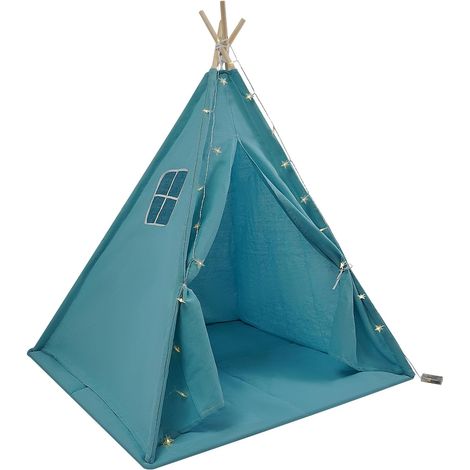 Tipi - Tente pour enfant avec tapis de sol et guirlande lumineuse - Tente de jeu pliable en coton - Pour l'intérieur et l'extérieur - 120 x 120 x 140 cm - Bleu