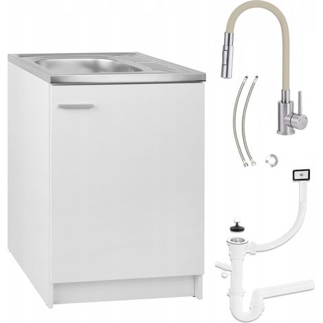 Weißer Küchenschrank - 60x50 cm - Flexible Beige Armatur - Edelstahlspüle