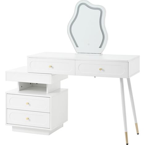 Coiffeuse blanche avec miroir LED et éclairage - Ensemble de coiffeuse pour chambre avec 4 tiroirs spacieux et 1 compartiment de rangement ouvert - Blanc, dimensions: B140/T40/H130 cm (sans tabouret) (1/5)