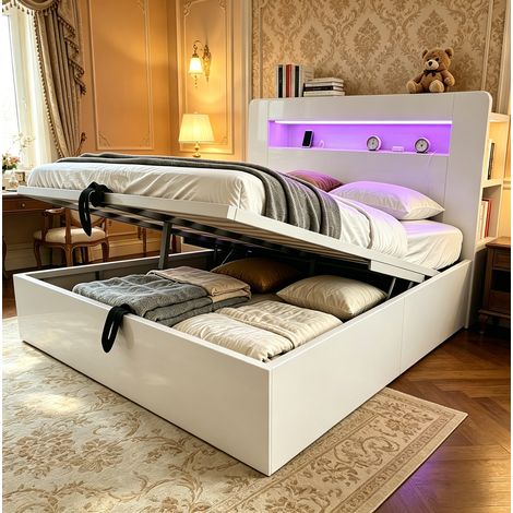Cama arca 140x200 cm - Cama doble - Con cabecero con LED y tomas - En madera - Blanco (1/5)