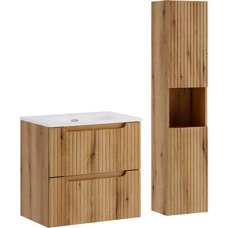 Ensemble meuble simple vasque encastrée 60cm 2 tiroirs et colonne Riva Bois (1/5)