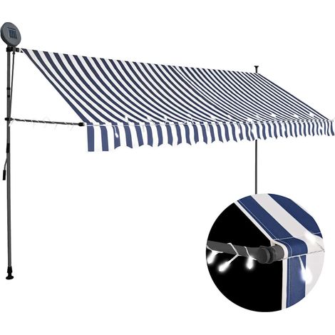 Store banne rétractable à commande manuelle, avec éclairage LED, 400 cm, bleu et blanc