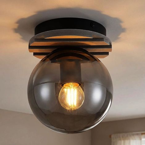 Lampe de plafond en verre fumé Lampe de plafond de la salle à manger ronde Boule de verre chambre à coucher, métal verre MDF, 1x douille E27, DxH 15x20 cm (1/5)