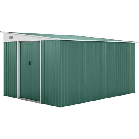 Garden Metal Storage Shed Outdoor Metal Tool House with Double Sliding Doors and 2 Air Vents, 11.3x9.2ft, Green