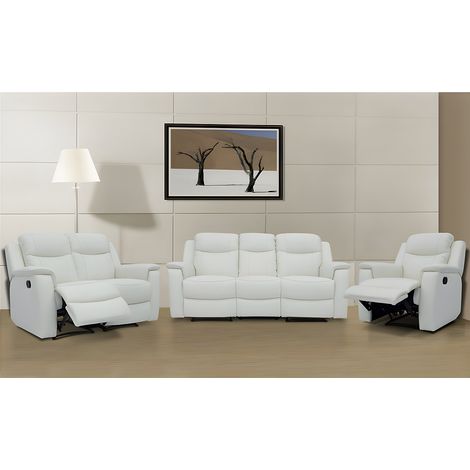 Vente-Unique – Canapé relax 3 places et 2 places avec fauteuil EVASION en cuir de vachette – Blanc ivoire – Système de levier pour ajustement manuel