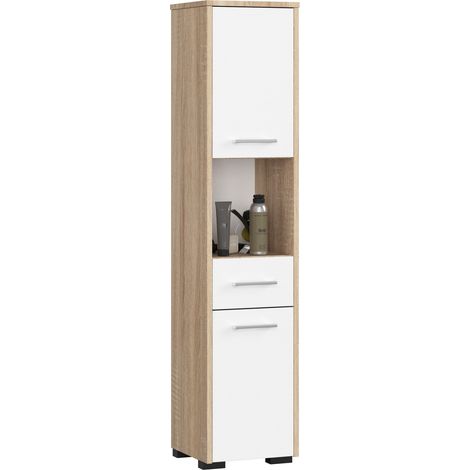 Columna de baño AKORD FIN Roble Sonoma 30 cm 2 puertas 1 cajón frente en color Blanco 5 estantes 30x30x140 cm