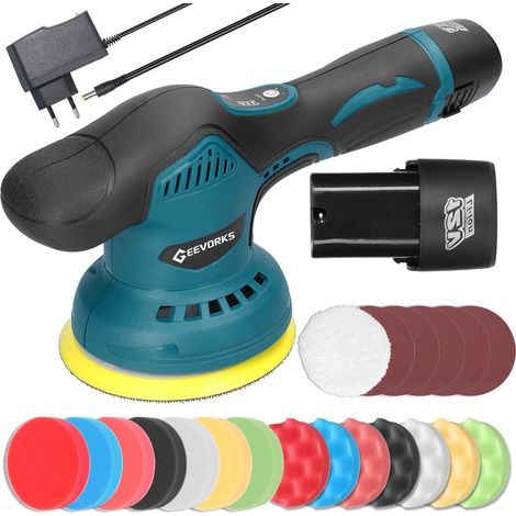 Car Polisher, Cordless Polisher, Random Orbital Polisher 2800-5500 RPM, 8 Variable Speeds, 125mm, with 2 x 12V Lithium Batteries and 22 Attachment Pieces (1/5)