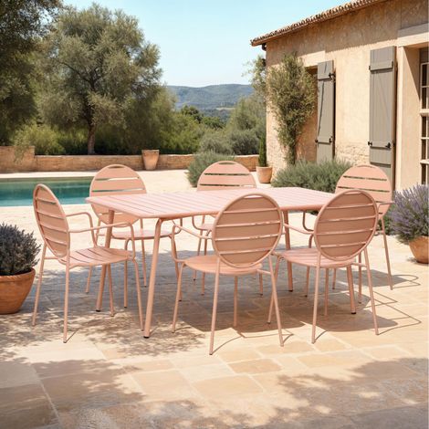Ensemble table + 6 fauteuils ronds en métal terracotta - BACA