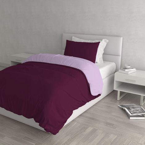 housse de couette double-face couleur unie avec taies d'oreiller, 100 % Coton, Lilas/Prune, single (1/5)
