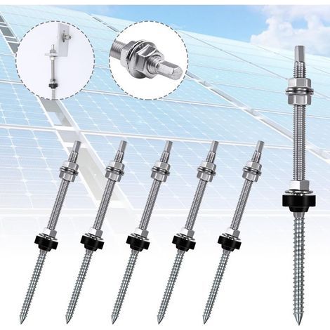 Lot de 6 Vis de Fixation Panneau Solaire, M10 x 200 Mm Vis d'Assemblage Double Filetage, Boulon de Réglables En Hauteur, Ferrure d'Assemblage pour Le Raccordement de Panneau Photovoltaique (1/5)