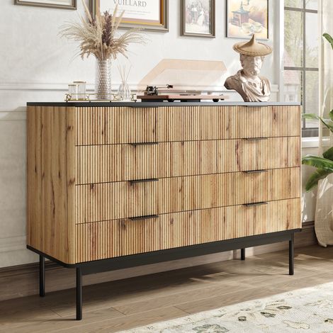 Madia cassettiera 120 cm - grande mobile contenitore effetto legno naturale e nero con 8 cassetti a rilievo verticale e stile scandinavo