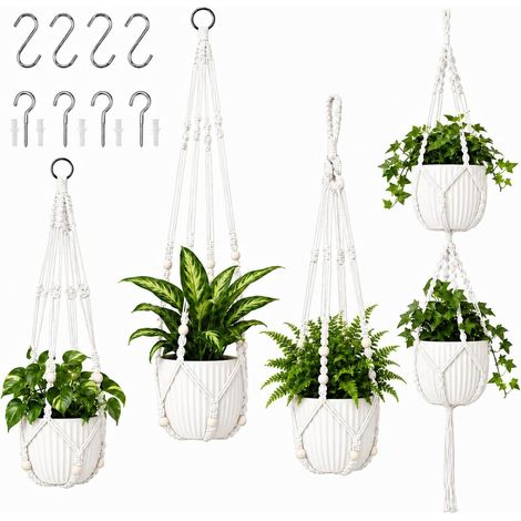 4 Pièces Macramé Suspension Plante, Panier Suspendu en Macramé, Macramé Plante Suspension Tissés à La Main, avec Crochets Métalliques, pour la Décoration Intérieure, Plafond et Mur (1/5)