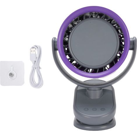 Ventilateur de bureau inclinable 100 vitesses USB mini, fixation murale à pince, batterie 4000 mAh, sans pales, silencieux, violet/gris (1/5)