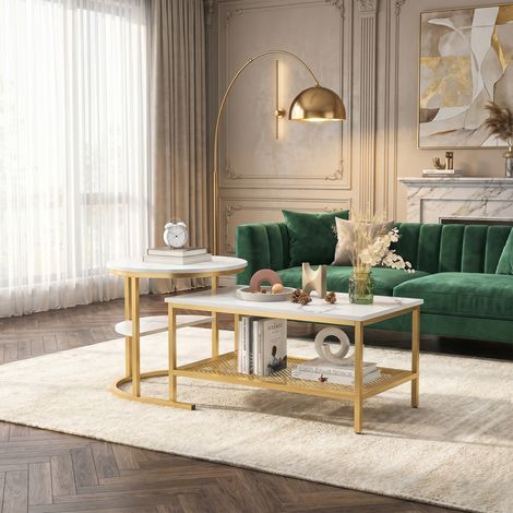 Tables Basses Gigogne, Petites Tables Rondes et Rectangulaires Lot de 2 Table D'appoint avec Espace de Rangement en Métal Pieds Modernes avec Motif Blanc Marbre Pour salon Balcon et Bureau - Doré