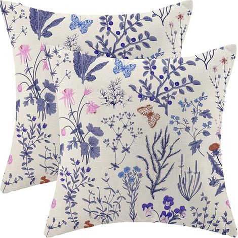 Housse De Coussin Carré - 45x45 Cm - Lin Tissé Polyester - Motif Fleur Sauvage Vert Sauge - Pour Canapé Lit Chaise Intérieur Extérieur - Lot De 2 (1/5)