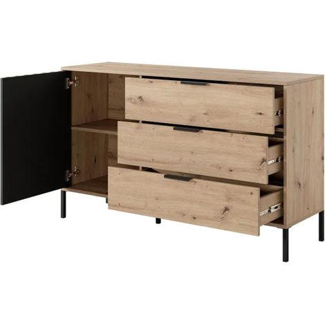 Comò Moderno Con 3 Cassetti E Anta Battente Cassettiera Mobile Contenitore Design Elegante Con Base In Metallo Per Camera Da Letto Cameretta 137.3 x 81.4 x 39.5 Cm Rovere E Grigio Antracite