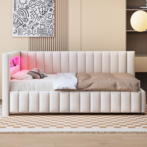 Canapé-lit L-forme 140x200 cm avec LED multicolores et port USB, avec dossier et tête de lit -Beige (1/5)