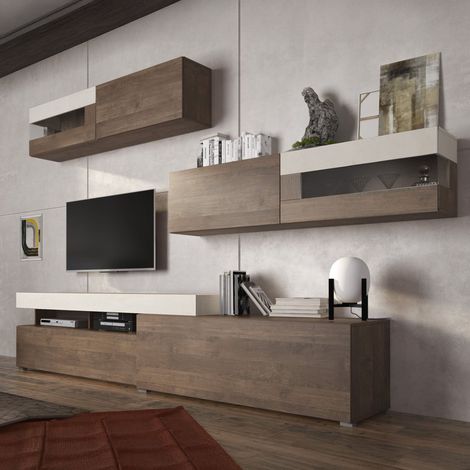 Giacosa Wohnwand, Modularer Wohnzimmerschrank, 6 Türen, Klapp- und Schwenktüren, Nussbaum Braun (1/5)