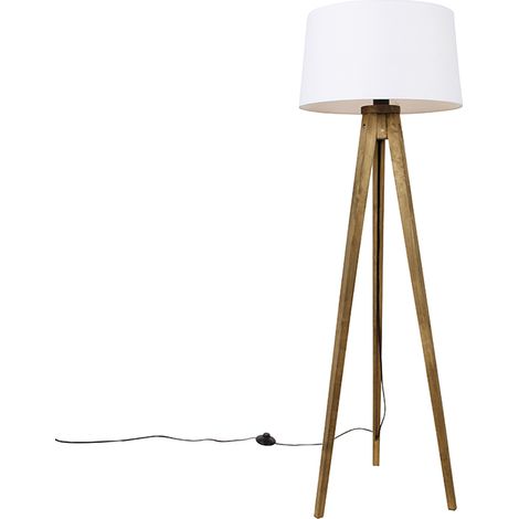 Rustic Tripod Vintage Wood with Linen Lampshade White 45 cm - Tripod Classic