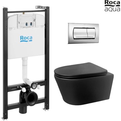 BASTIDOR ROCA ACTIVE PACK CISTERNA EMPOTRADA Y PULSADOR CROMO BRILLO CON INODORO SUSPENDIDO Rimless LIA Negro de AzulBath