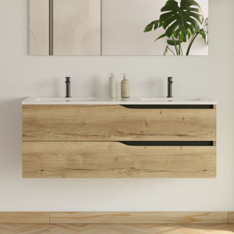 Meuble sous vasque seul, 2 tiroirs, 120cm, pour double vasque - madera miel (chêne clair) - LUNA