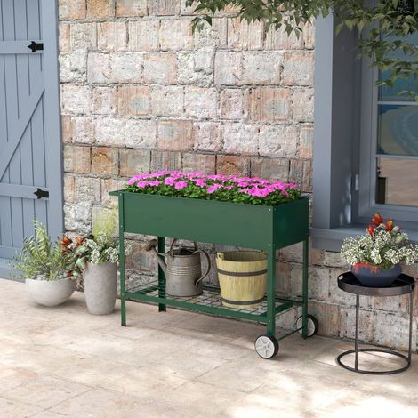 Hochbeet für die Stadt, 109 x 44 x 80 cm, mit 2 Rädern, Ablage und Griff zum Anbau von Pflanzen, Blumen und Gemüse (Grün)