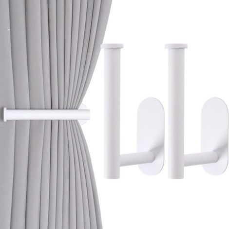 Lot de 2 embrasses adhésives métalliques pour rideaux, sans perçage, en forme de L, avec crochets muraux pour salon, chambre, bureau, cuisine - Blanc (1/5)