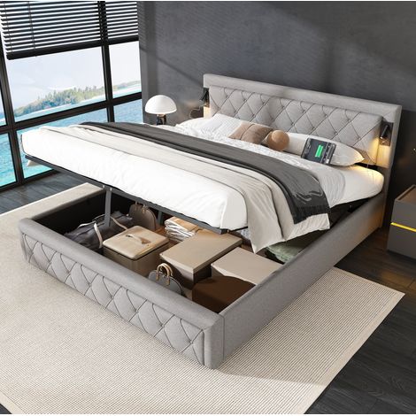 Cama tapizada 180x200 cm gris en lino con luces, USB, somier de láminas y almacenaje (1/5)