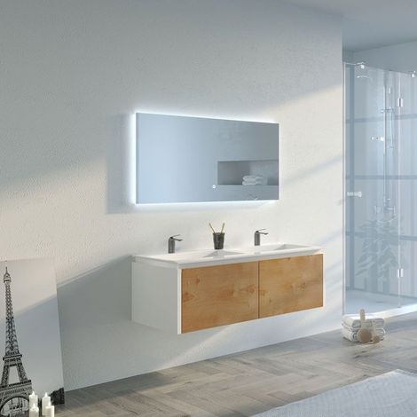 Distribain – Meuble sous vasque double 120cm – Solid Surface blanc et bois naturel – 2 tiroirs Push-Open – Miroir LED rétro-éclairé 1200x700mm