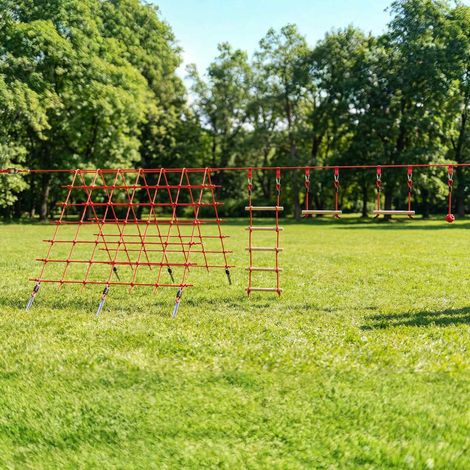 Percorso a ostacoli Ninja per bambini, kit completo di teleferica da 10 m, portata 100 kg, facile installazione, rosso