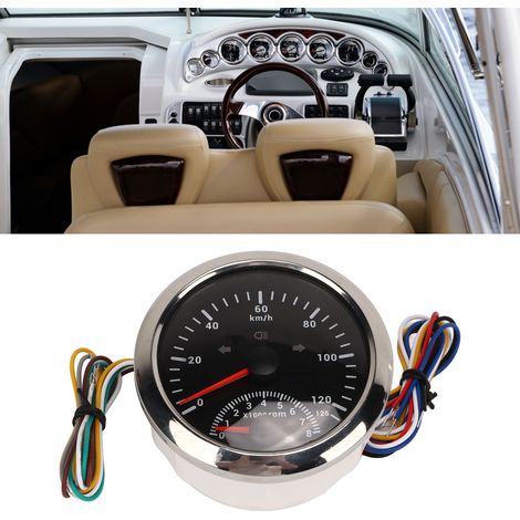 85 mm (3 3/8 Zoll) DC9–32 V Marine-GPS-Tachometer mit Drehzahlmesser (8000 U/min) und Blinkern, kompatibel mit Marine-ATVs. Silberfarbenes Gehäuse, schwarzes Zifferblatt. (1/5)