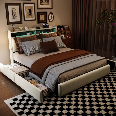 CJHXE Cama doble tapizada de 160 x 200 cm con 4 cajones, cabecero y compartimento portaobjetos el cabecero cuenta con iluminación LED, puerto USB y puerto Type-C (1/5)