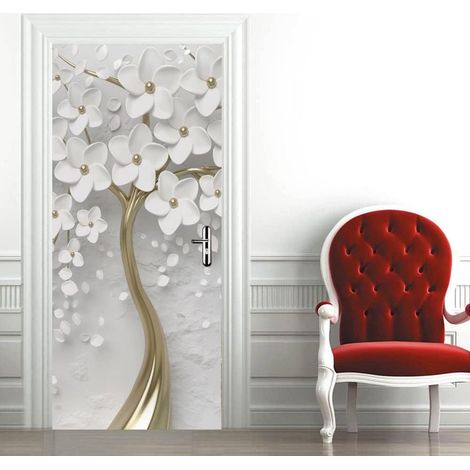 Autocollant de porte 77 x 200 cm motif fleurs blanches film adhésif décoratif pour porte de chambre toilettes salle de bain et intérieur décoration murale (1/5)