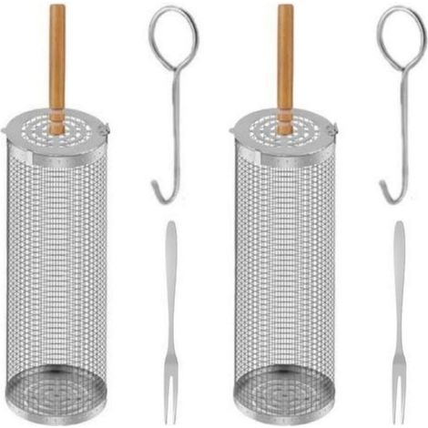 Cage de barbecue 2 Pièces – Cylindre de barbecue roulant en acier inoxydable 20 cm avec manche en bois – Tambour rotatif – Idéal pour camping et jardin (1/5)