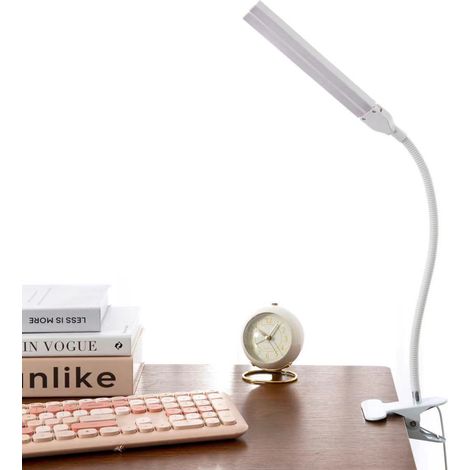 Lámpara de escritorio LED de doble cabezal con pinza, luz suave y regulable, ideal para estudiantes y oficinas, con conexión USB - Blanca (1/4)